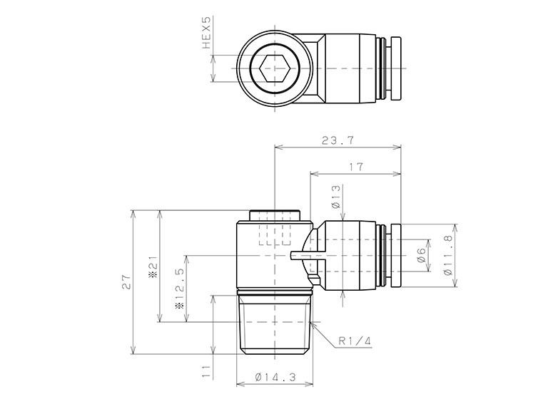 Bản vẽ kỹ thuật Đầu Nối Nhanh Khí Nén Dạng Cong 90° Đầu Lục Giác Chìm Ren Ngoài Pisco POL6-02W