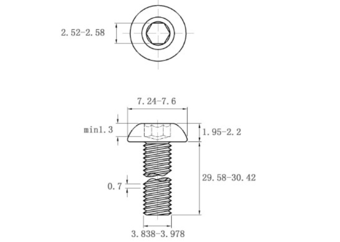 Bản vẽ kỹ thuật Lục Giác Chìm Mo Thép Mạ Kẽm Trắng Cr3+ 10.9 ISO7380 M4x30 (50Cái/Bịch)