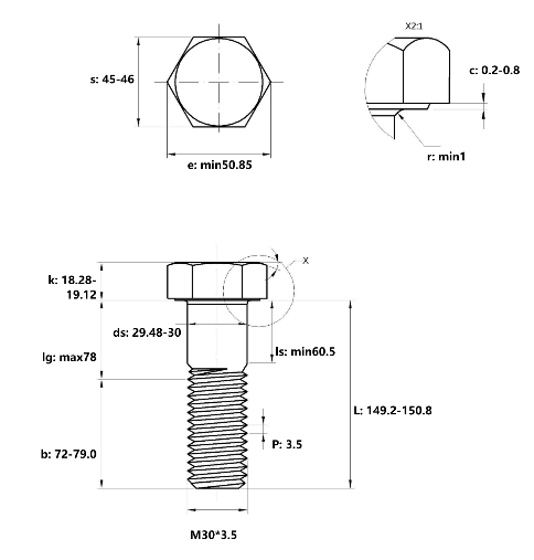 Bản vẽ kỹ thuật Bulong Nhúng Nóng 8.8 DIN931 M30x150 Ren Lửng