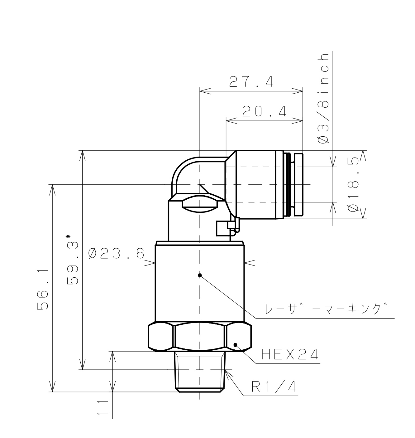 Bản vẽ kỹ thuật Đầu Nối Nhanh Khí Nén Dạng Cong 90° Ren Ngoài Có Khớp Xoay Pisco RAL3/8-02SUS-F-TP