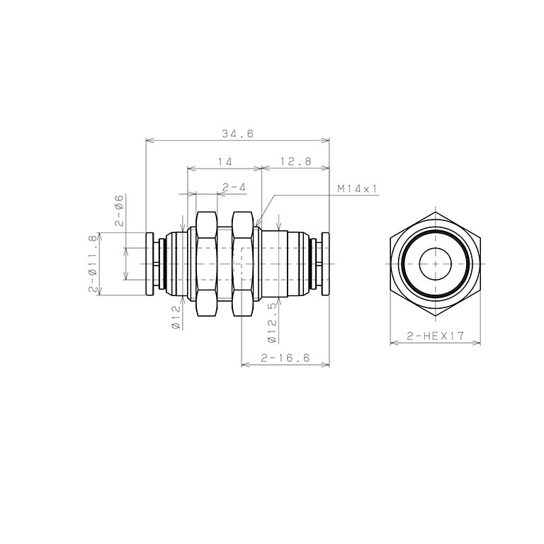 Bản vẽ kỹ thuật Đầu Nối Nhanh Khí Nén Dạng Thẳng Ren Ngoài Lắp Kẹp Vách Pisco KM6-1-F
