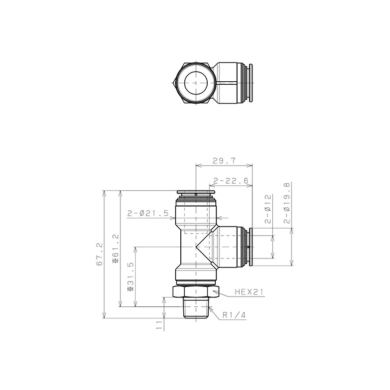 Bản vẽ kỹ thuật Đầu Nối Nhanh Khí Nén Dạng Chữ T Ren Ngoài Pisco KD12-02-1-F