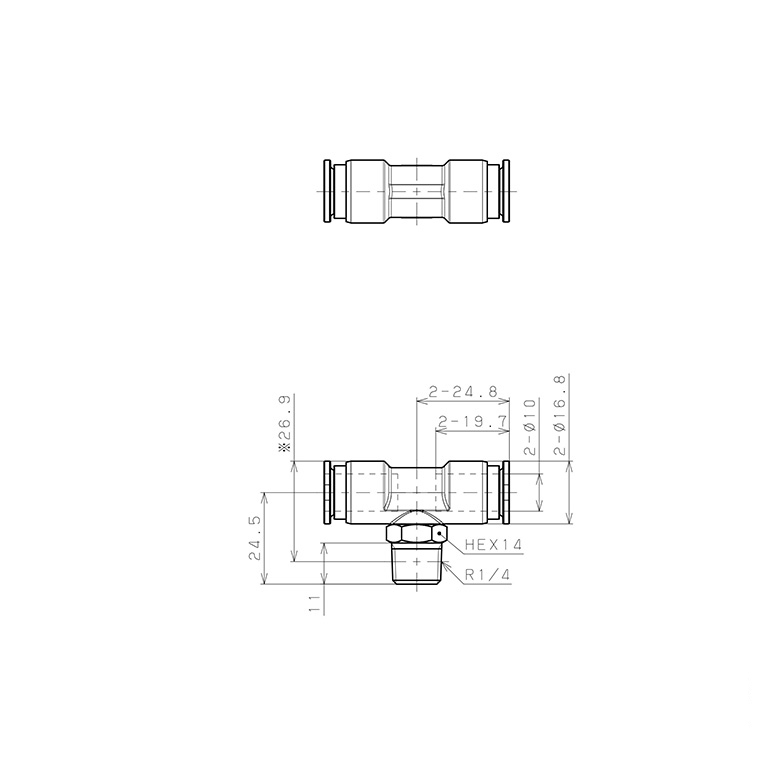 Bản vẽ kỹ thuật Đầu Nối Nhanh Khí Nén Dạng Chữ T Ren Ngoài Pisco SSPB10-02-X-C