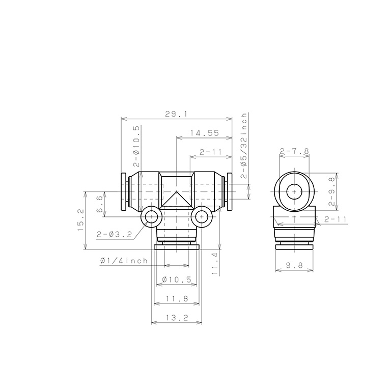 Bản vẽ kỹ thuật Đầu Nối Nhanh Khí Nén Chữ T Dạng Nối Giảm Pisco PEG5/32-1/4M