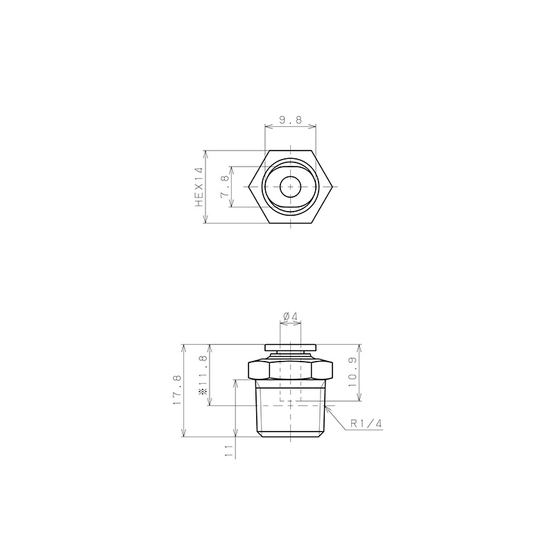 Bản vẽ kỹ thuật Đầu Nối Nhanh Khí Nén Dạng Thẳng Thân Lục Giác Ren Ngoài Pisco PC4-02MW-C