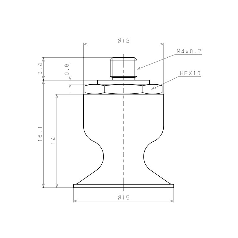 Bản vẽ kỹ thuật Bộ Nấm Hút Chân Không Có Vít Ren, Cao Su Nitrile - NBR, O.D 15 mm, Pisco VP15LN-M4