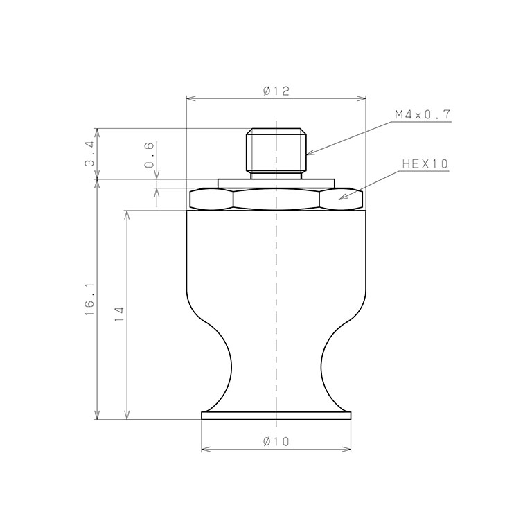 Bản vẽ kỹ thuật Bộ Nấm Hút Chân Không Có Vít Ren, Cao Su Nitrile - NBR, O.D 10 mm, Pisco VP10LN-M4