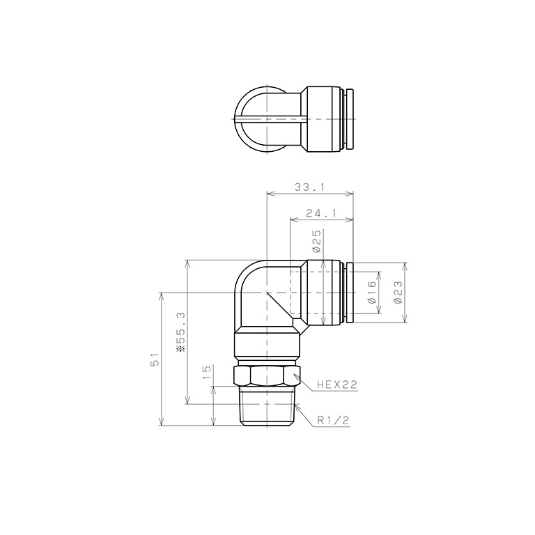 Bản vẽ kỹ thuật Đầu Nối Nhanh Khí Nén Dạng Cong 90° Ren Ngoài Pisco SPL16-04