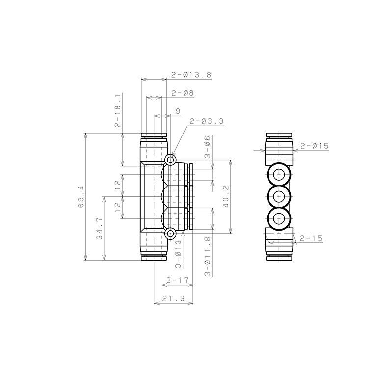 Bản vẽ kỹ thuật Đầu Nối Nhanh Khí Nén Chữ T 5 Ngã Dạng Nối Giảm Pisco SPKG8-6-UC