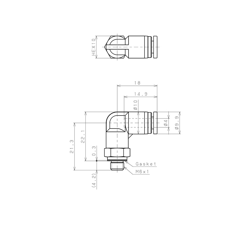 Bản vẽ kỹ thuật Đầu Nối Nhanh Khí Nén Dạng Cong 90° Ren Ngoài Pisco SPL4-M6