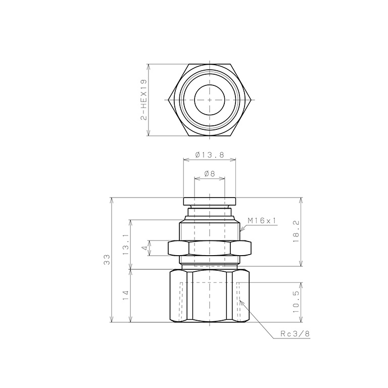 Bản vẽ kỹ thuật Đầu Nối Nhanh Khí Nén Dạng Thẳng Ren Trong Ngoài Pisco SPMF8-03-UC