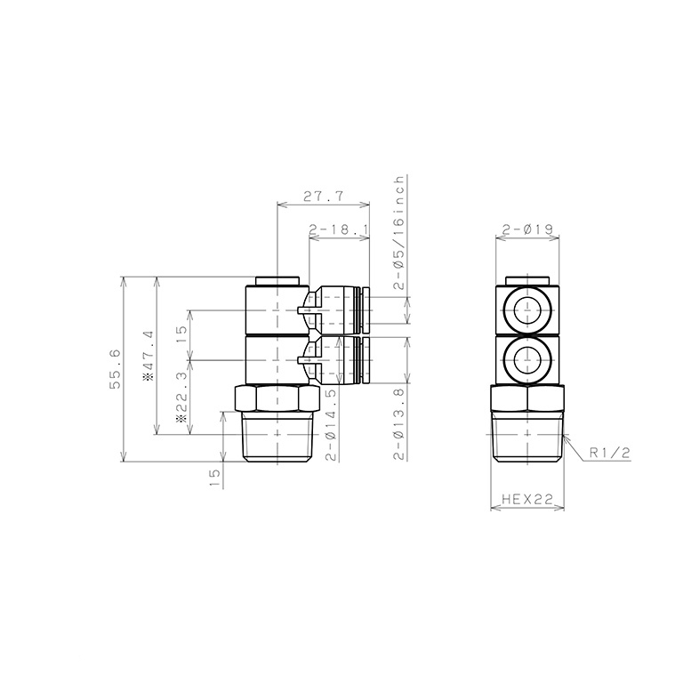 Bản vẽ kỹ thuật Đầu Nối Nhanh Khí Nén Hai Nhánh Cong 90° Thân Lục Giác Trụ Ren Ngoài Pisco PHW5/16-04