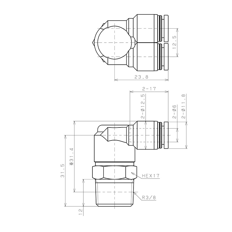 Bản vẽ kỹ thuật Đầu Nối Nhanh Khí Nén Hai Nhánh Cong 90° Ren Ngoài Pisco PAX6-03-C