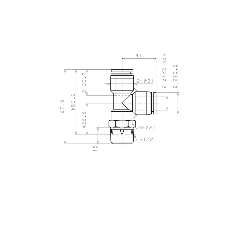 Bản vẽ kỹ thuật Đầu Nối Nhanh Khí Nén Dạng Chữ T Ren Ngoài Pisco PD1/2-04