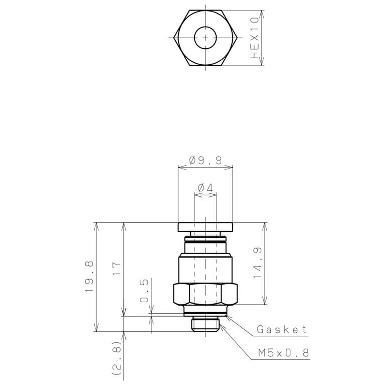 Bản vẽ kỹ thuật Đầu Nối Nhanh Khí Nén Dạng Thẳng Thân Lục Giác Ren Ngoài Pisco PC4-M5W