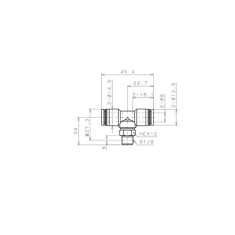 Bản vẽ kỹ thuật Đầu Nối Nhanh Khí Nén Dạng Chữ T Ren Ngoài Pisco PB8-01W-C