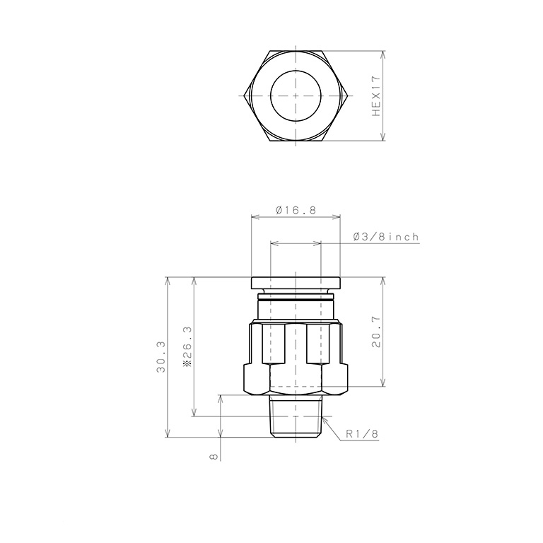 Bản vẽ kỹ thuật Đầu Nối Nhanh Khí Nén Dạng Thẳng Thân Lục Giác Ren Ngoài Pisco PC3/8-01