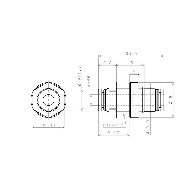 Bản vẽ kỹ thuật Đầu Nối Nhanh Khí Nén Dạng Thẳng Ren Ngoài Lắp Kẹp Vách Pisco PMP6W-C