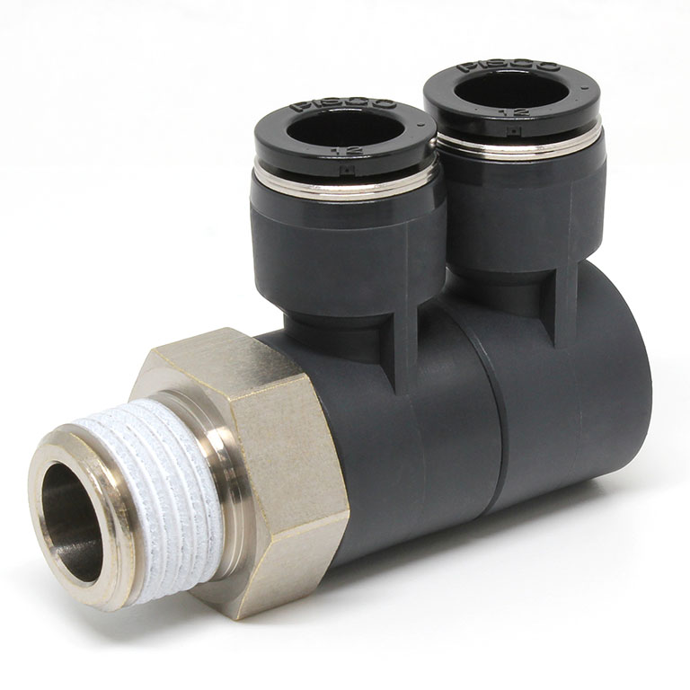 Đầu Nối Nhanh Khí Nén Hai Nhánh Cong 90° Thân Lục Giác Trụ Ren Ngoài Pisco PHW12-04-C