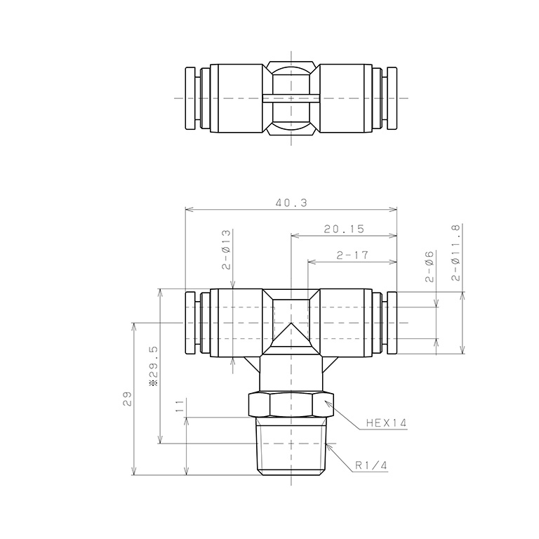 Bản vẽ kỹ thuật Đầu Nối Nhanh Khí Nén Dạng Chữ T Ren Ngoài Pisco SPPB6-02SP