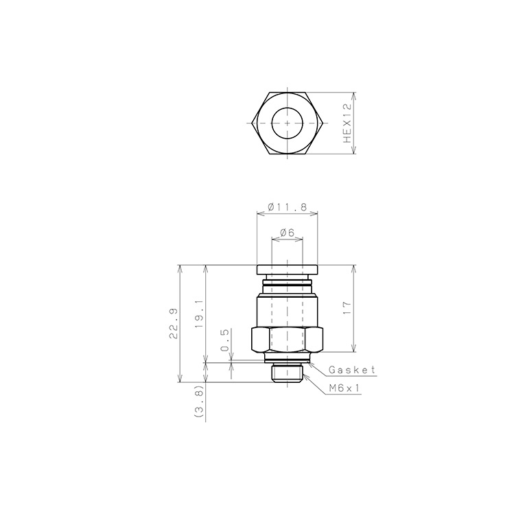 Bản vẽ kỹ thuật Đầu Nối Nhanh Khí Nén Dạng Thẳng Thân Lục Giác Ren Ngoài Pisco PC6-M6W
