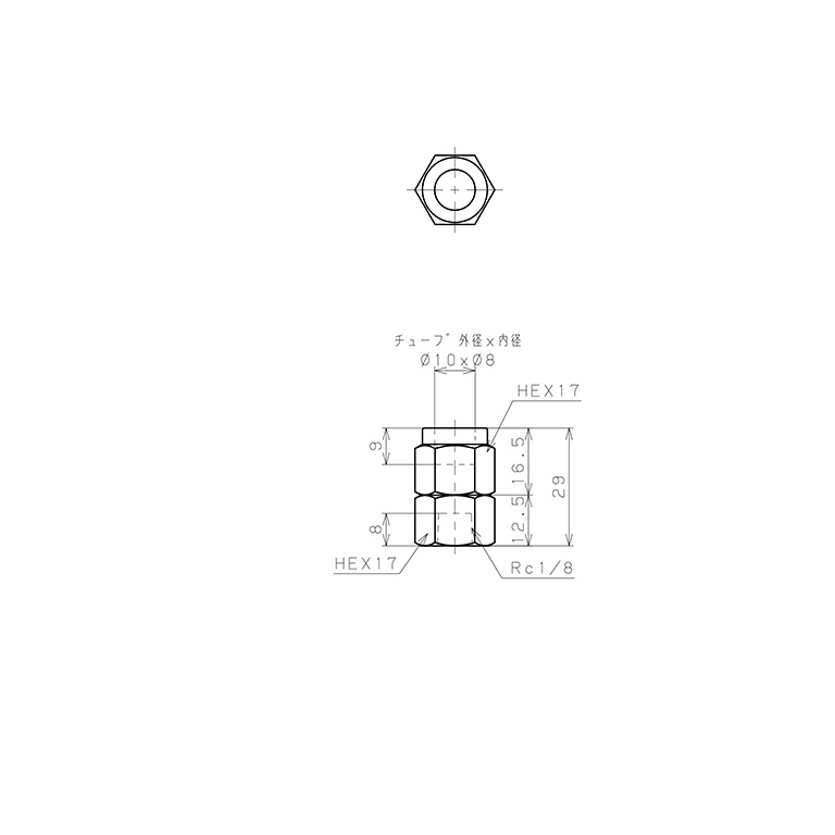 Bản vẽ kỹ thuật Đầu Ngạnh Nối Ống Có Đai Ốc Xiết Dạng Thẳng Thân Lục Giác Ren Trong Pisco NSCF1080-01