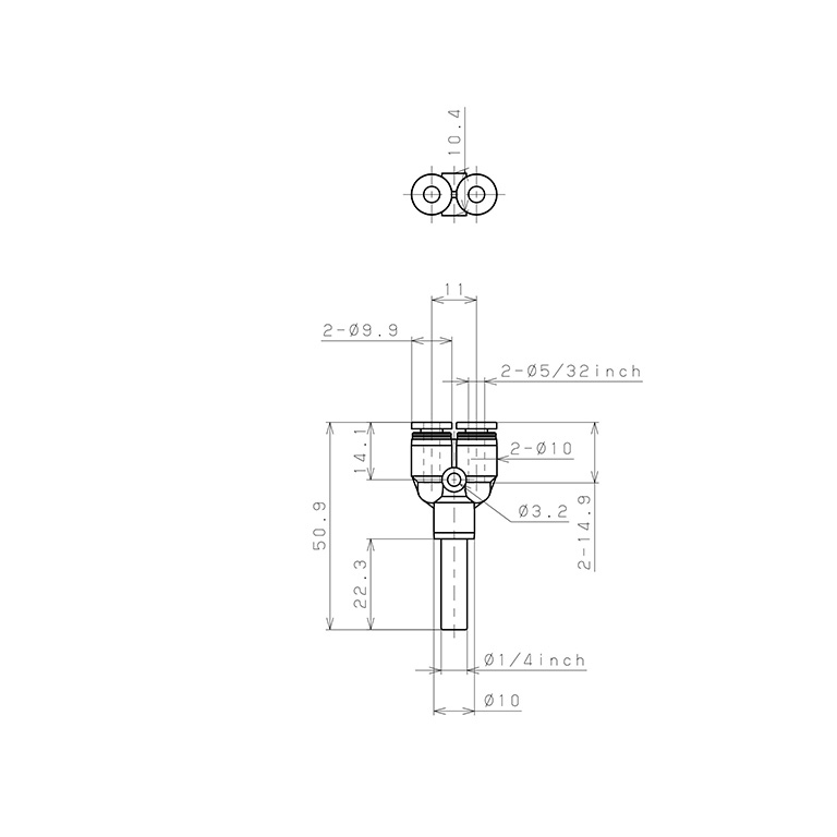 Bản vẽ kỹ thuật Đầu Nối Nhanh Khí Nén Giữa Ống Khí Và Fitting Dạng Nối Giảm Chữ Y Pisco PWJ1/4-5/32