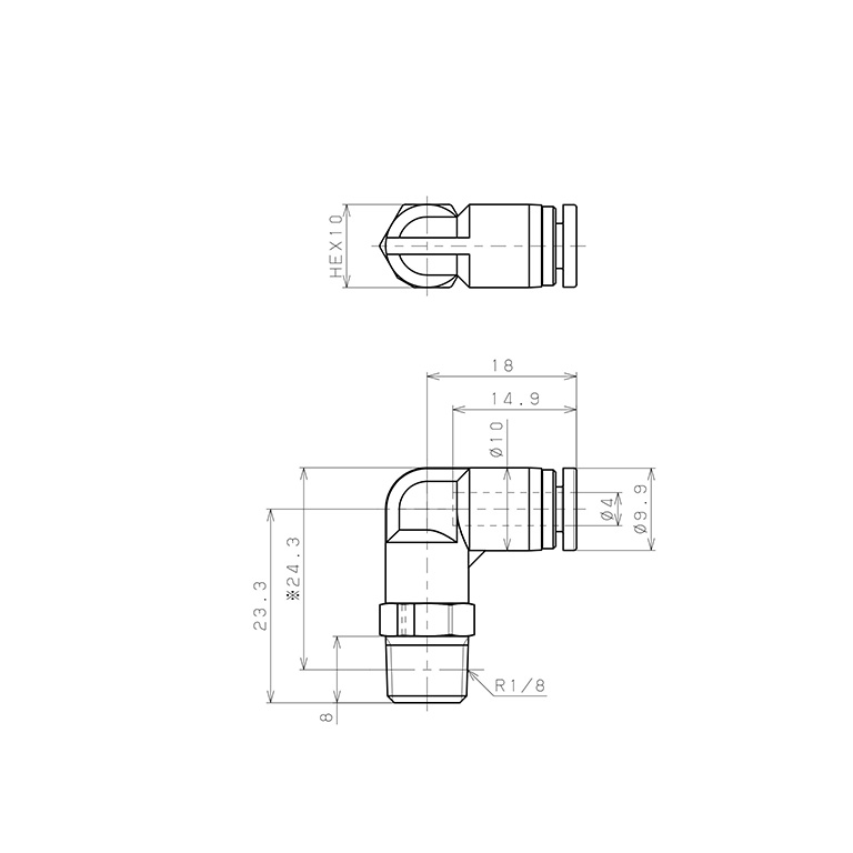 Bản vẽ kỹ thuật Đầu Nối Nhanh Khí Nén Dạng Cong 90° Ren Ngoài Pisco SPPL4-01