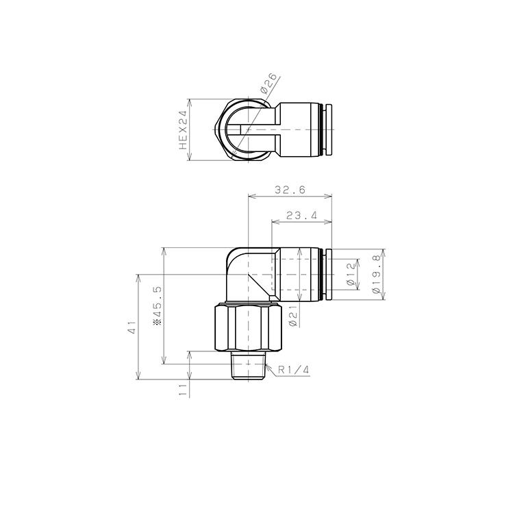 Bản vẽ kỹ thuật Đầu Nối Nhanh Khí Nén Dạng Cong 90° Ren Ngoài Có Khớp Xoay Pisco RL12-02