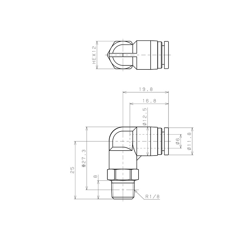 Bản vẽ kỹ thuật Đầu Nối Nhanh Khí Nén Dạng Cong 90° Ren Ngoài Pisco SPL6-01