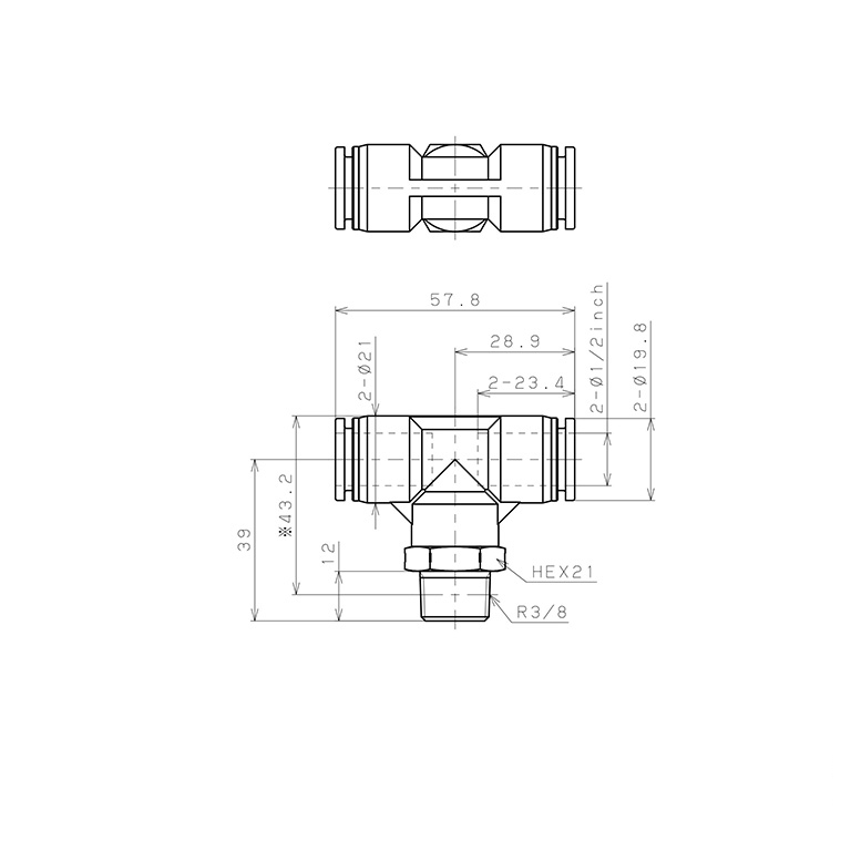 Bản vẽ kỹ thuật Đầu Nối Nhanh Khí Nén Dạng Chữ T Ren Ngoài Pisco PPB1/2-03SUS