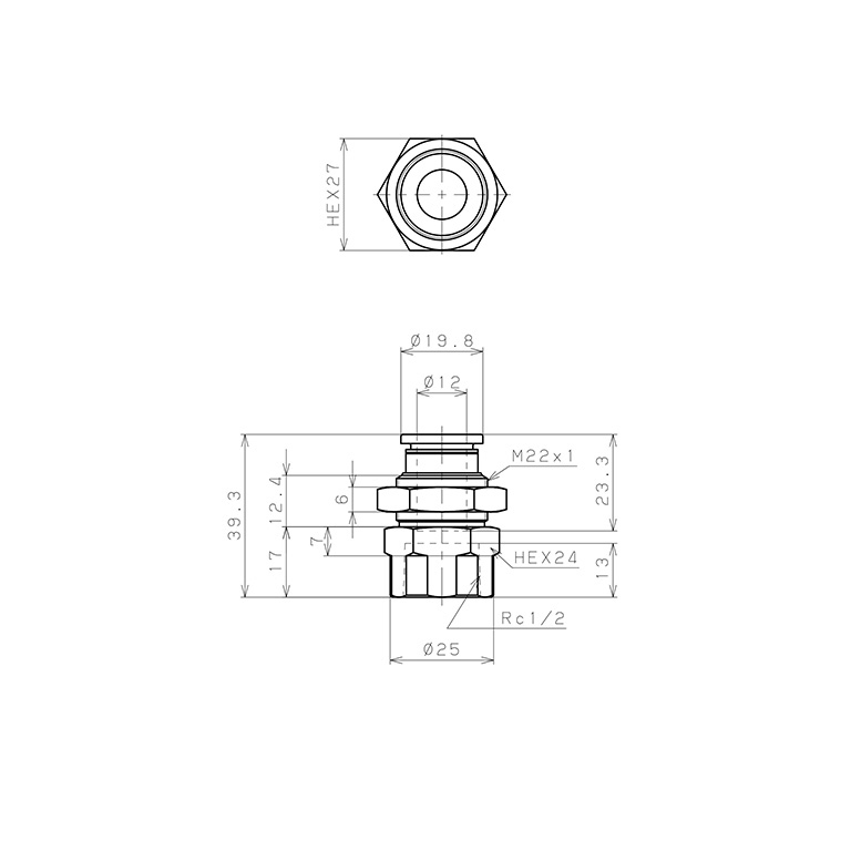 Bản vẽ kỹ thuật Đầu Nối Nhanh Khí Nén Dạng Thẳng Ren Trong Ngoài Pisco PMF12-04W-C