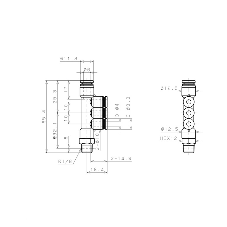 Bản vẽ kỹ thuật Đầu Nối Nhanh Khí Nén Dạng Chữ T Bốn Nhánh Ren Ngoài Pisco PKD6-4-01