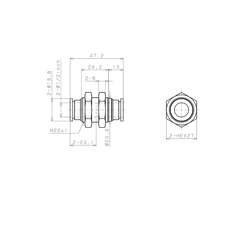 Bản vẽ kỹ thuật Đầu Nối Nhanh Khí Nén Dạng Thẳng Ren Ngoài Lắp Kẹp Vách Pisco PM1/2-UC