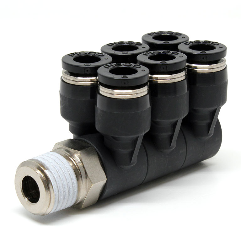 Đầu Nối Nhanh Khí Nén Sáu Nhánh Cong 90° Thân Lục Giác Trụ Ren Ngoài Pisco PAT6-02