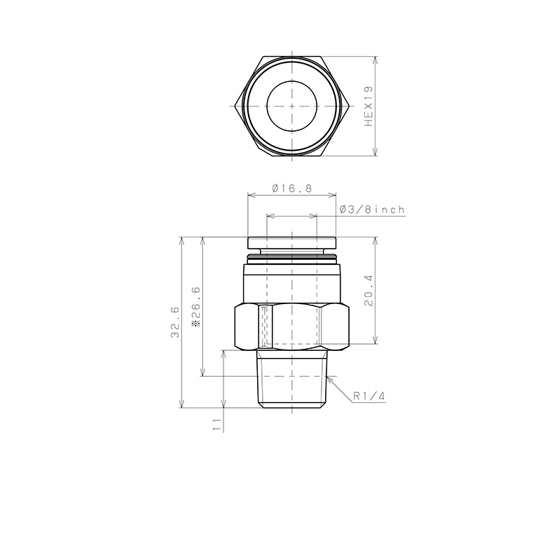 Bản vẽ kỹ thuật Đầu Nối Nhanh Khí Nén Dạng Thẳng Thân Lục Giác Ren Ngoài Pisco PPC3/8-02