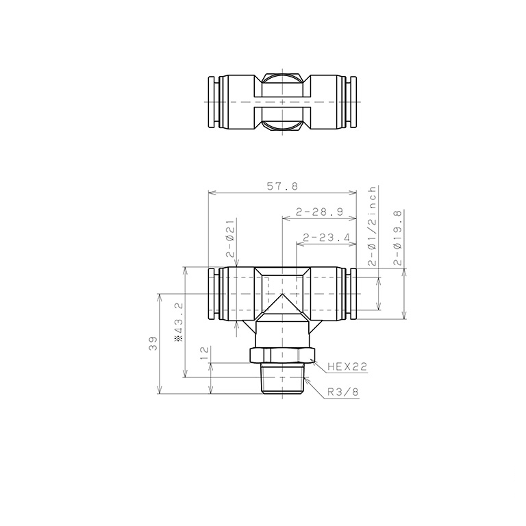 Bản vẽ kỹ thuật Đầu Nối Nhanh Khí Nén Dạng Chữ T Ren Ngoài Pisco PPB1/2-03-F