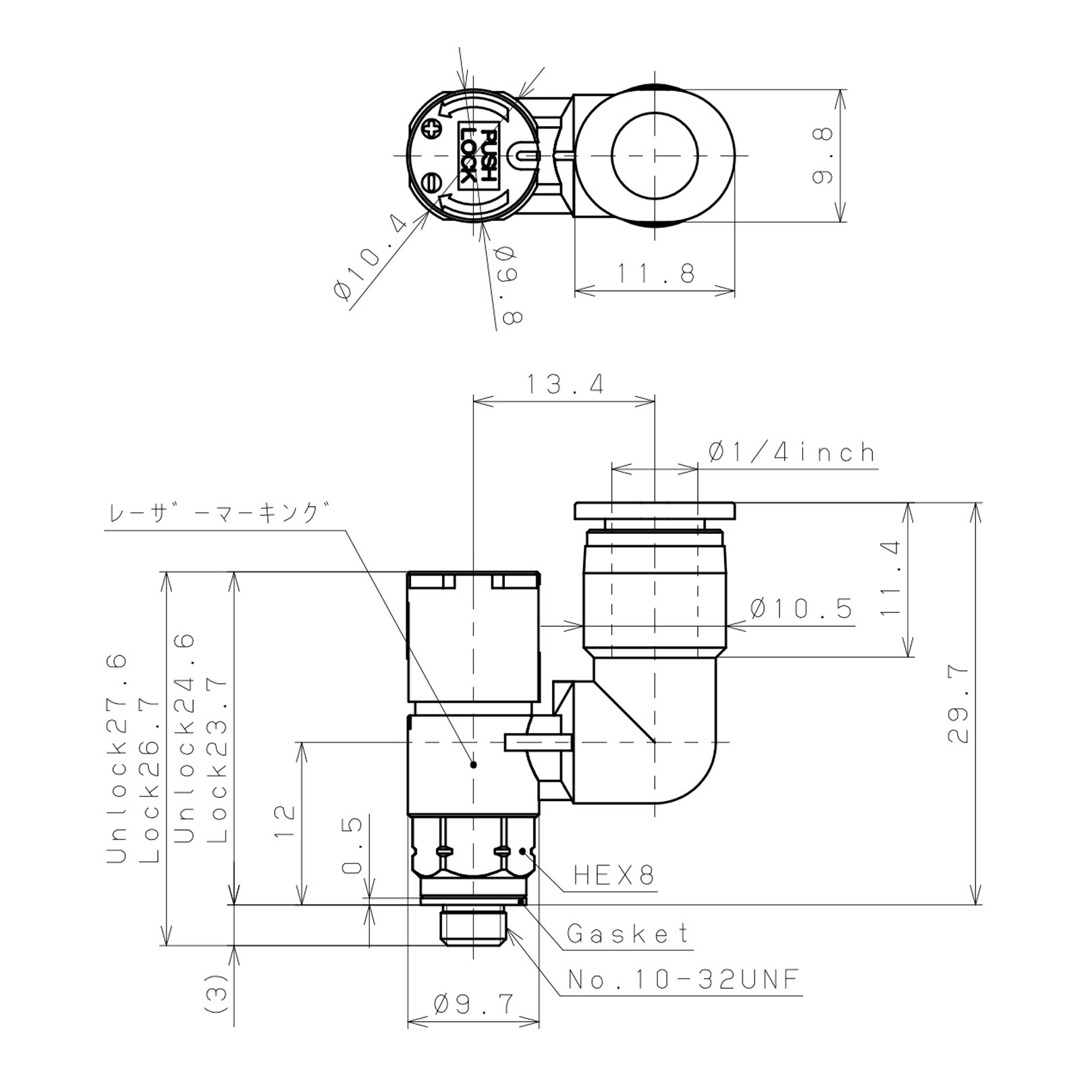 Bản vẽ kỹ thuật Van Tiết Lưu Khí Nén Loại Khóa Đẩy Có Hiển Thị Chỉ Số Pisco JSGS1/4-U10ALW