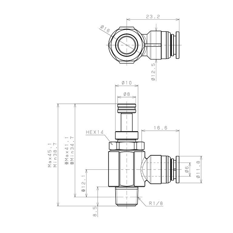 Bản vẽ kỹ thuật Van Tiết Lưu Khí Nén Chân Kim, Đồng Mạ Niken Pisco KJNC6-01-1-F