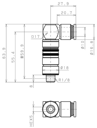 Bản vẽ kỹ thuật Bộ Đầu Ngạnh Nối Ống Dẫn Điều Khiển Nhiệt Độ Khuôn Đúc Dạng Cong 90°, Có Van Tự Ngắt Pisco ASL10-1001