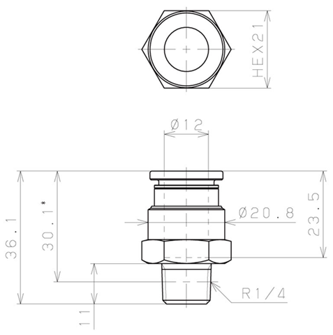 Bản vẽ kỹ thuật Đầu Nối Nhanh Khí Nén Dạng Thẳng Thân Lục Giác Ren Ngoài Pisco KC12-02-1-F