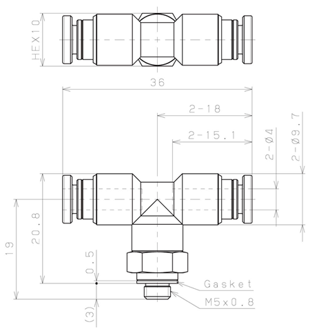 Bản vẽ kỹ thuật Đầu Nối Nhanh Khí Nén Dạng Chữ T Ren Ngoài Pisco KB4-M5-1