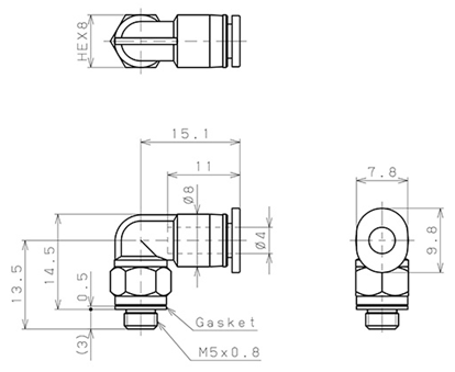 Bản vẽ kỹ thuật Đầu Nối Nhanh Khí Nén Dạng Cong 90° Ren Ngoài Pisco PL4-M5M