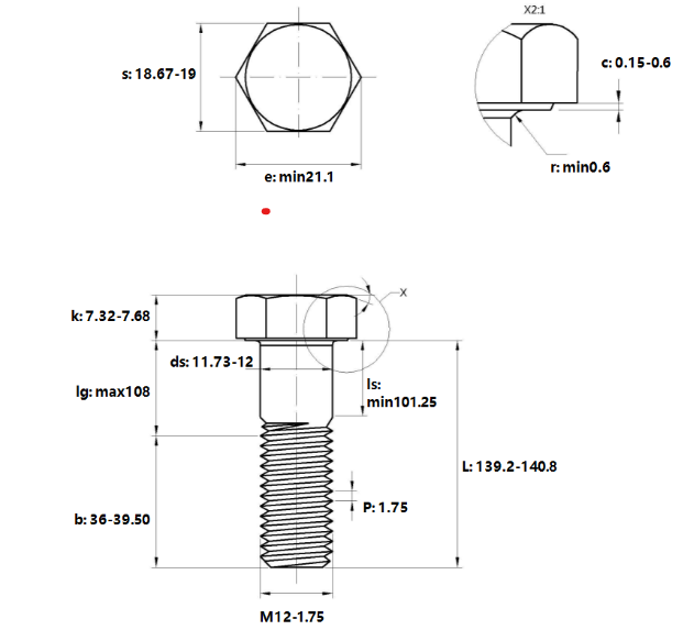 Bản vẽ kỹ thuật Bulong Thép Đen 8.8 DIN931 M12x140 Ren Lửng