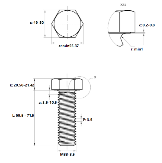 Bản vẽ kỹ thuật Bulong Thép Đen 8.8 DIN933 M33x70