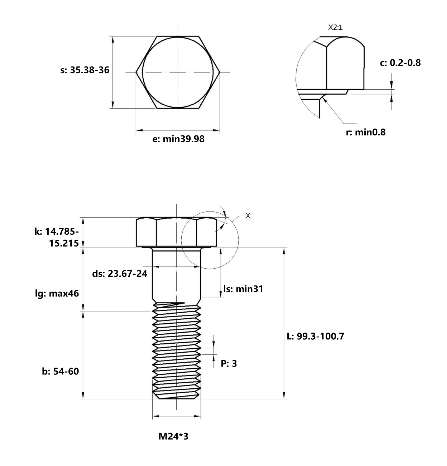 Bản vẽ kỹ thuật Bulong Thép Đen 8.8 DIN931 M24x100 Ren Lửng