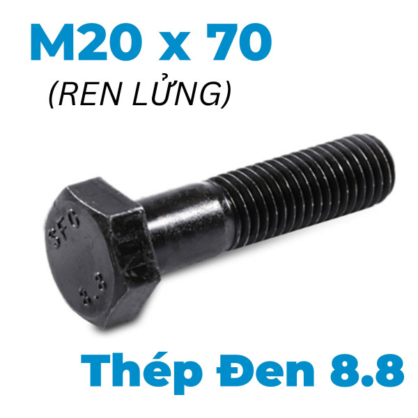 Bulong Thép Đen 8.8 DIN931 M20x70 Ren Lửng