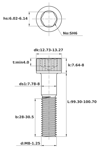 Bản vẽ kỹ thuật Lục Giác Chìm Đầu Trụ Thép Mạ Kẽm Trắng Cr3+ 12.9 DIN912 M8x100 Ren Lửng