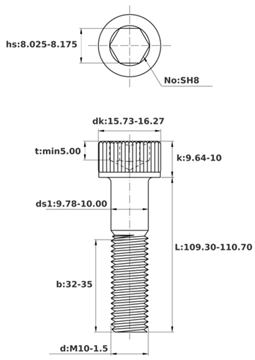 Bản vẽ kỹ thuật Lục Giác Chìm Đầu Trụ Thép Mạ Kẽm Trắng Cr3+ 12.9 DIN912 M10x110 Ren Lửng