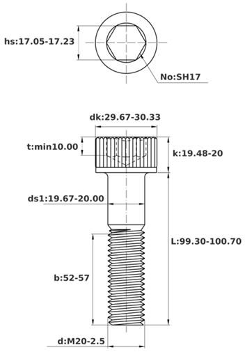 Bản vẽ kỹ thuật Lục Giác Chìm Đầu Trụ Thép Mạ Kẽm Trắng Cr3+ 12.9 DIN912 M20x100 Ren Lửng